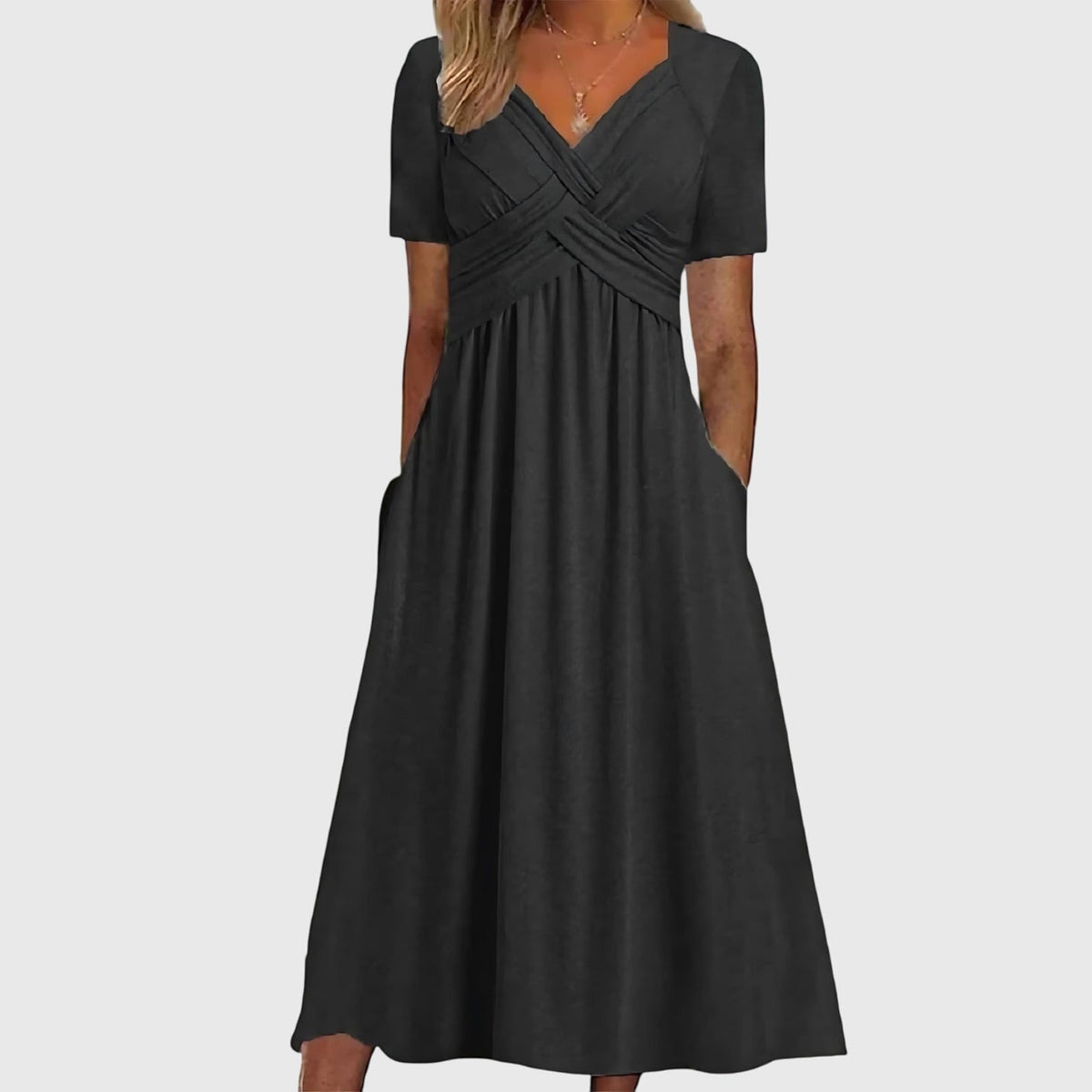 V-Neck Cross Front Short Sleeve Empire Waist Pocket Flowy Midi Dress