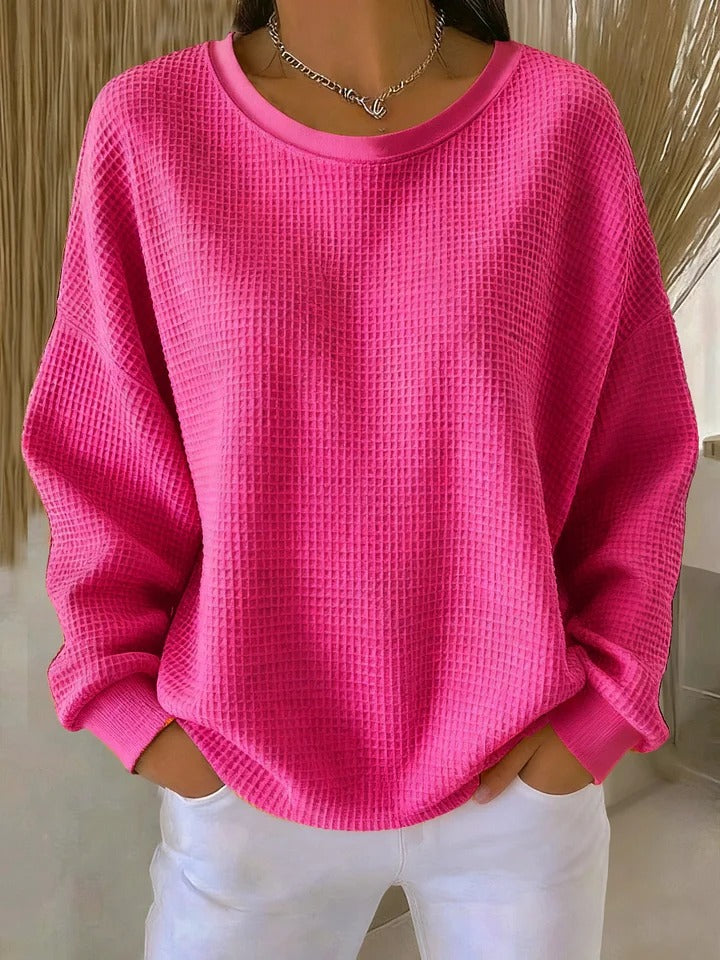 Round Neck Waffle Knit Long Sleeve Drop Shoulder Sweater 2