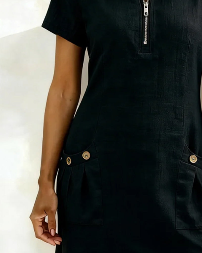 Round Neck Zip Front Short Sleeve Pocket Shift Mini Dress 6