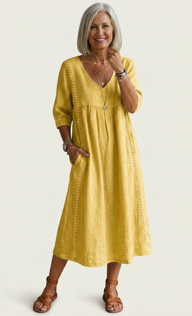 V-Neck Chambray Half Sleeve Crochet Trim Empire Waist Midi Dress 4