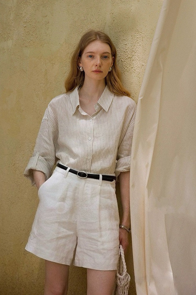 White Linen High Waist Casual Pants