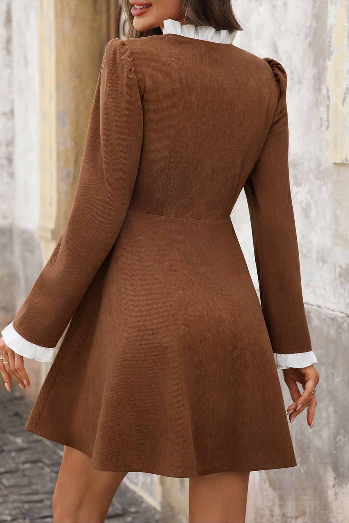 Wide Wale Corduroy Ruffle Trim Collar Button Front Fit-and-Flare Mini Dress 3