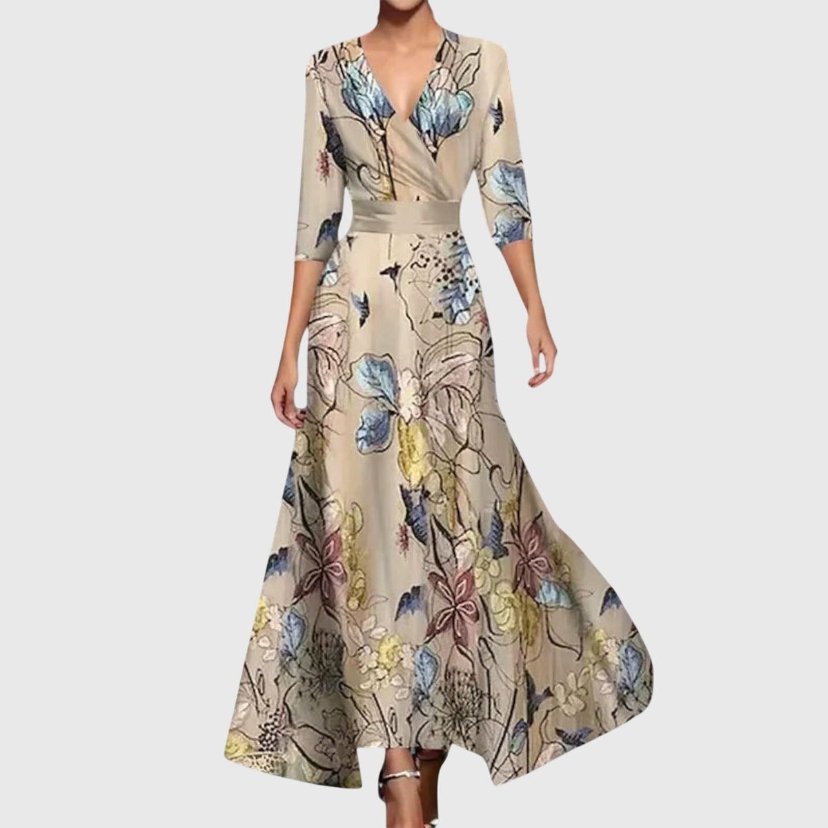 Surplice V-Neck Floral Print Satin Wrap A-Line Maxi Dress