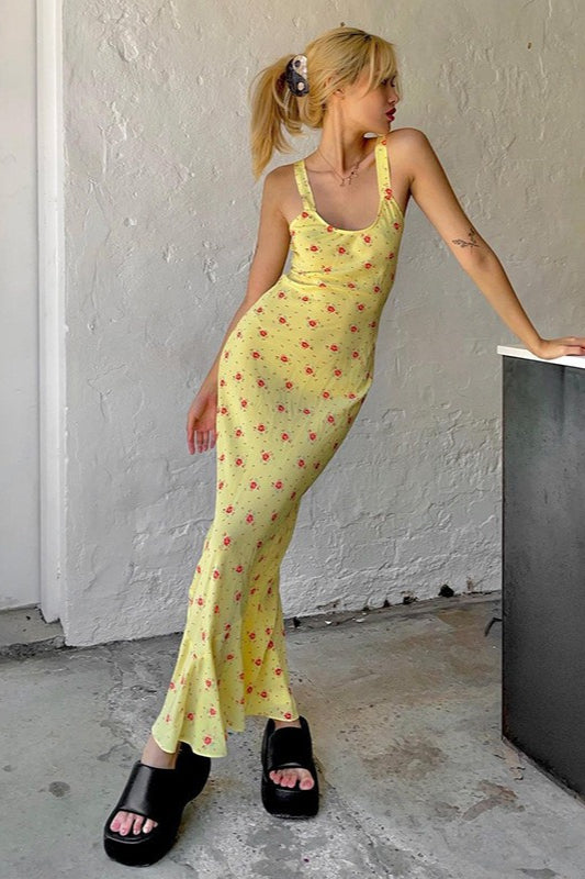 Yellow Scoop Neck Wide Strap Ditsy Floral Print Slip Maxi Dress 4