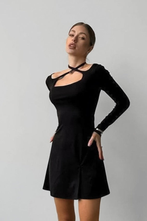 Black Knit Square Neck Mini Dress