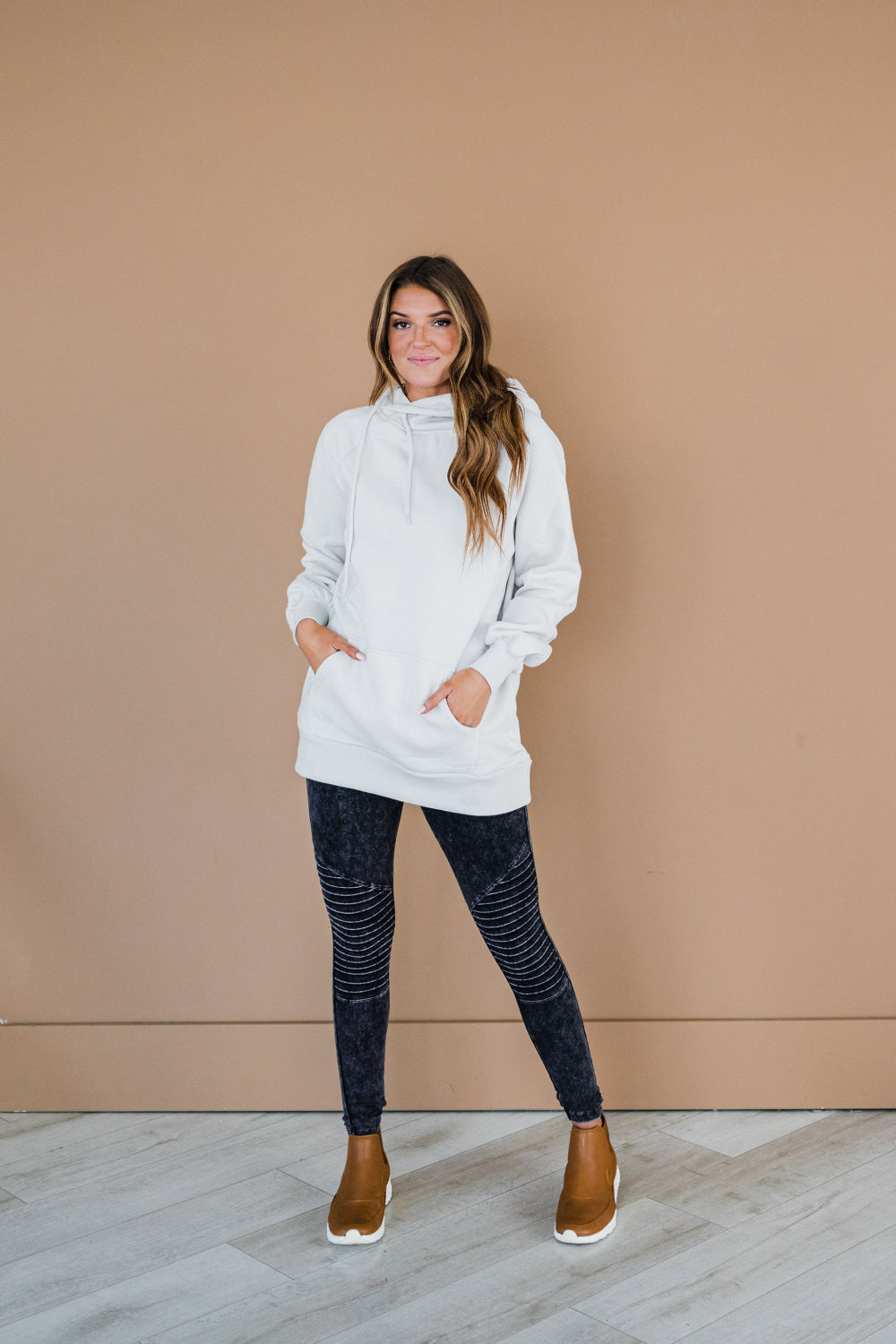 Bone Cowl Neck Drawstring Kangaroo Pocket Long Sleeve Sweatshirt Mini Dress
