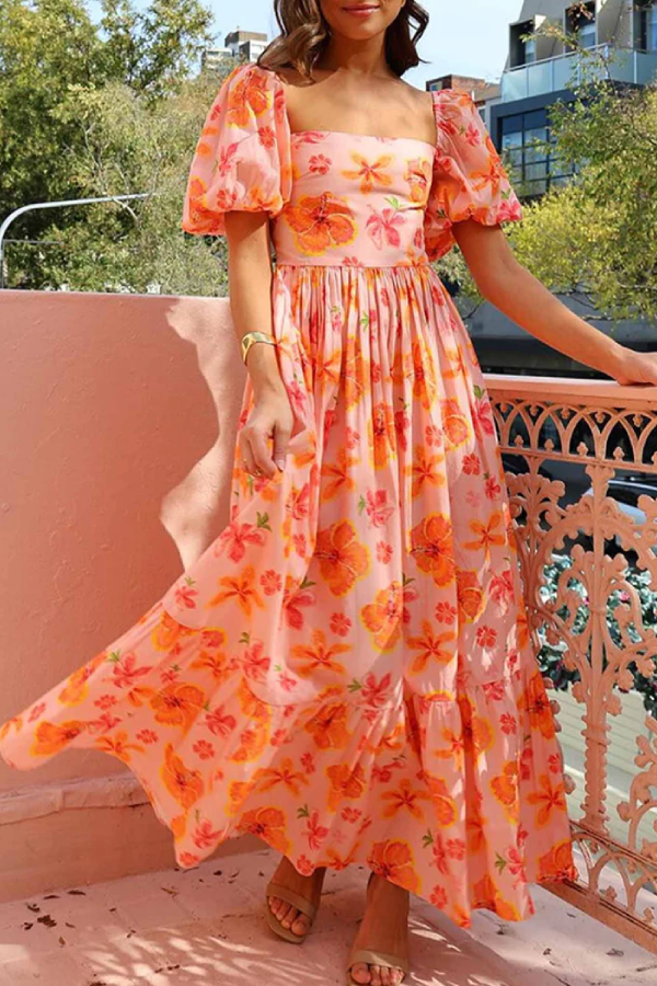 Yelena Effortless Printed Ruched a Line Dress with Puff Sleeves Premium Wardrobe Essential