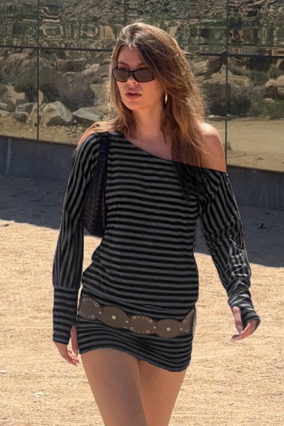 Stripe One Shoulder Long Sleeve Waist Cinch Mini Bodycon Dress