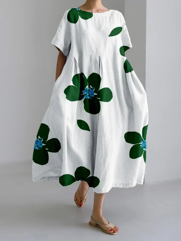 Round Neck Floral Short Sleeve Cocoon Midi Dress