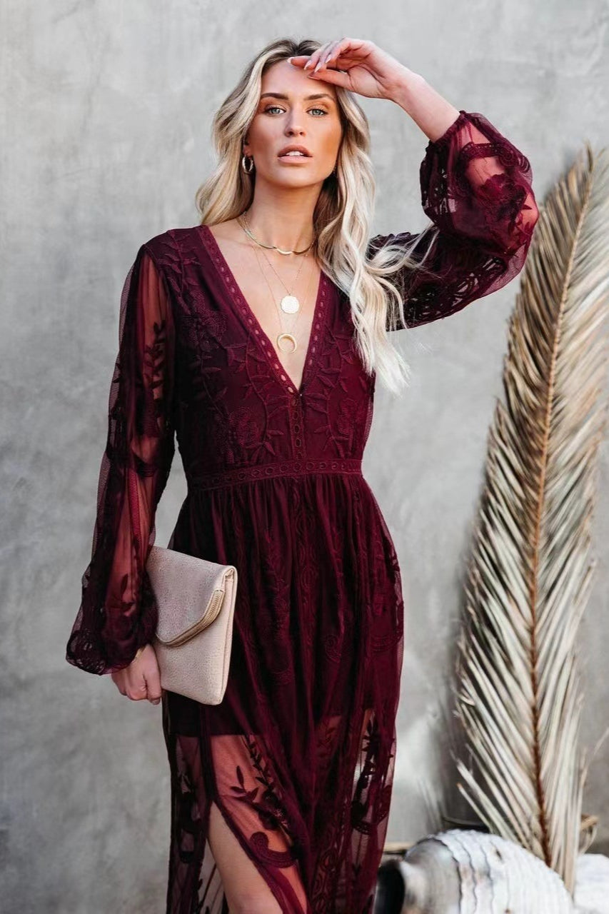 Deep V Neck Long Sleeve Floral Embroidered Mesh High Slit Maxi Dress 8