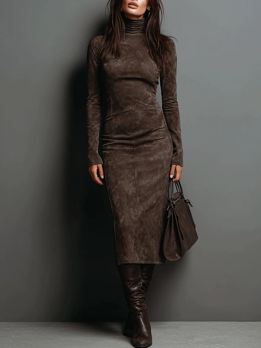 Turtleneck Suede Long Sleeve Bodycon Midi Dress