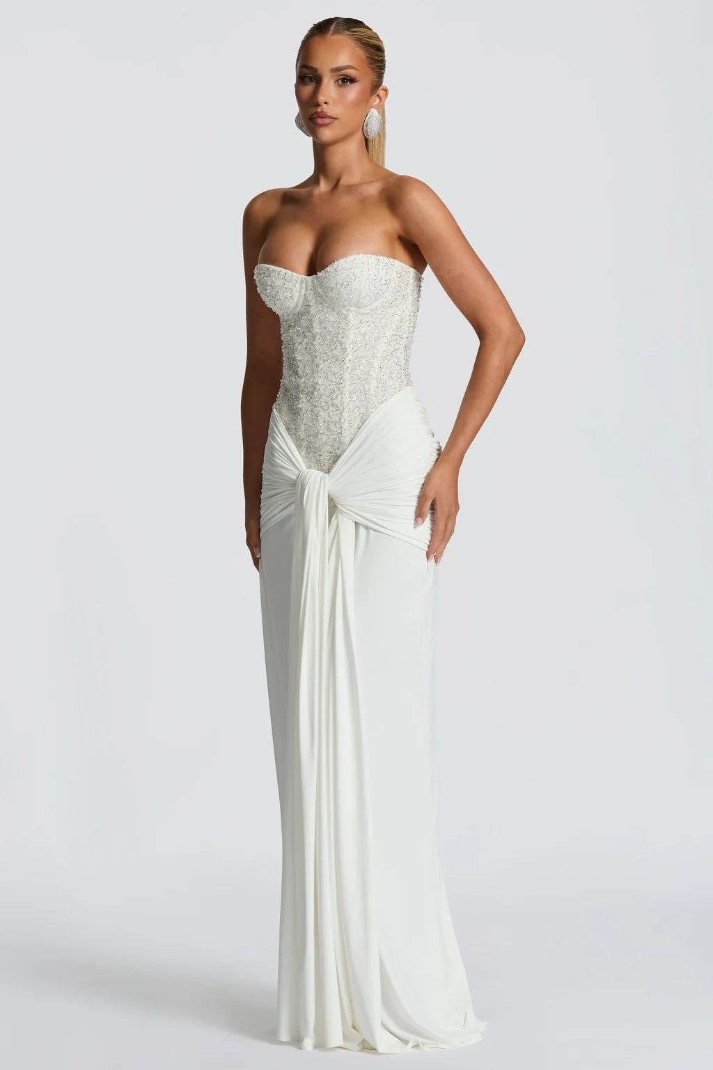 Ribbon Strapless Corset Maxi Evening Prom Dress