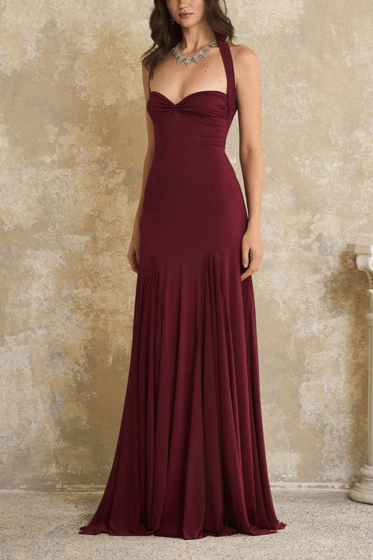 Elegant Halter Bandeau Fitted Backless Floor Length Party Dress