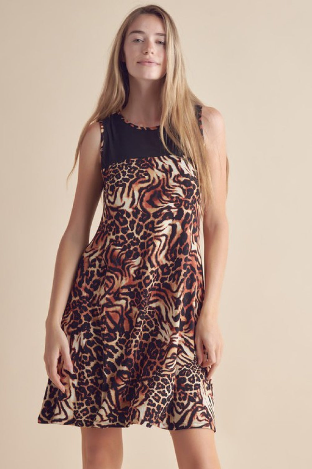 Black Round Neck Sleeveless Leopard Print Contrast Yoke A-Line Mini Dress