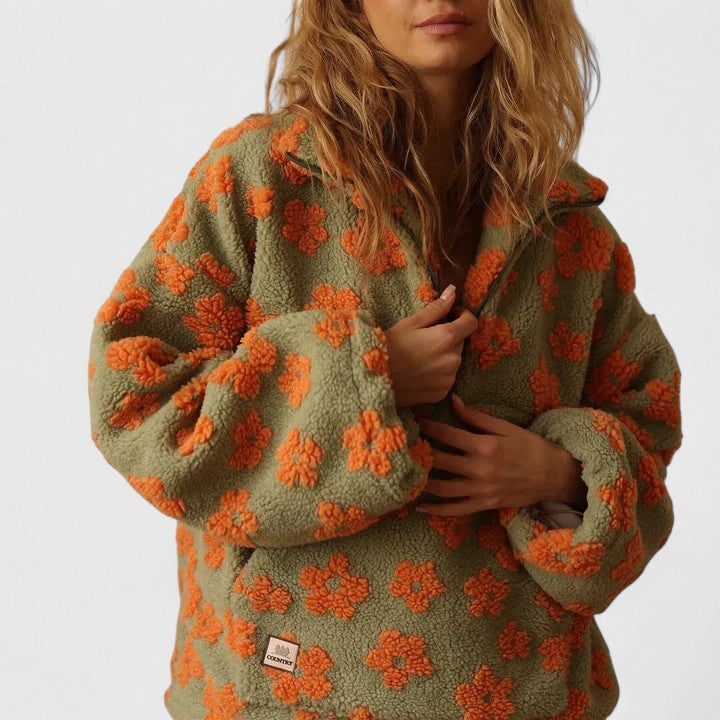 Stand Collar Floral Fleece Quarter-Zip Cropped Sweatshirt 8