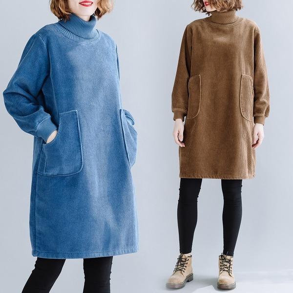 Corduroy Mock Neck Patch Pocket Ribbed Cuff Tunic Dress 5