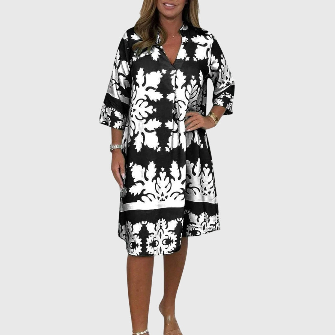 Split Neck Three-Quarter Sleeve Damask Print Shift Midi Dress 5