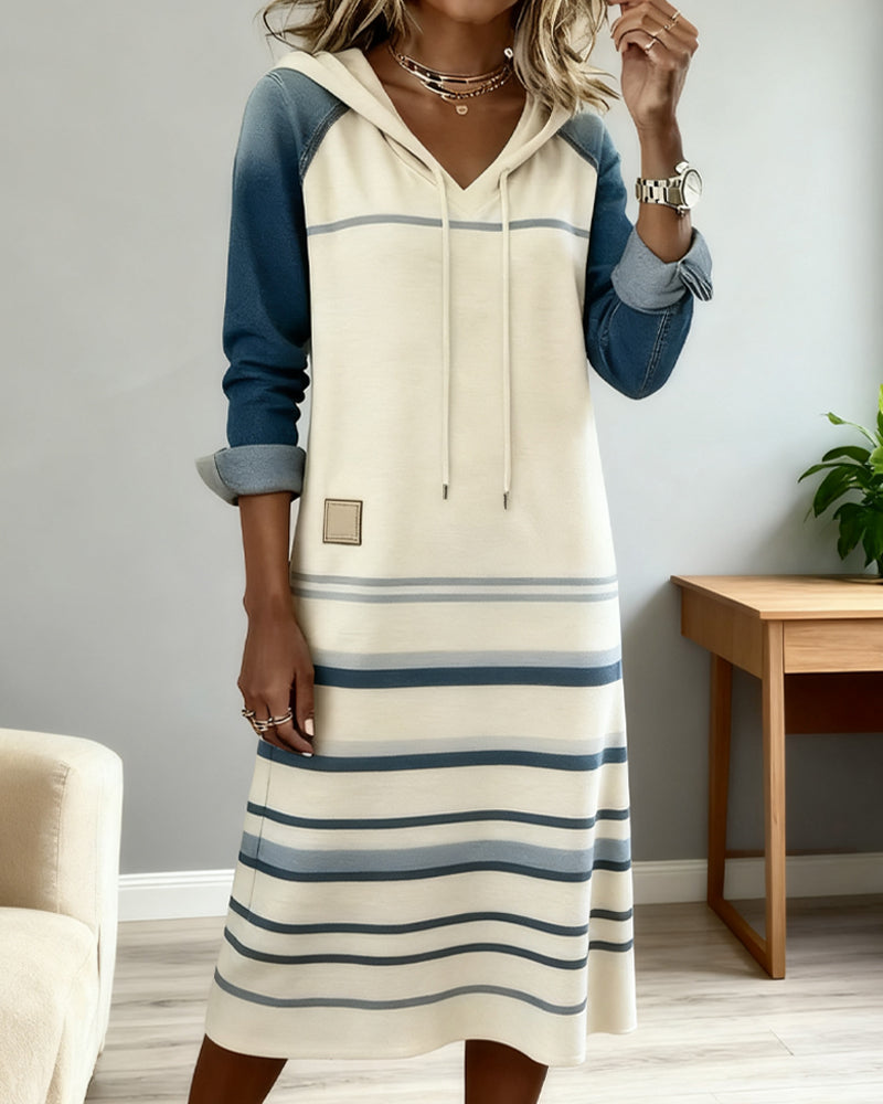 Hooded Drawstring Colorblock Stripe Long Sleeve Sweatshirt Midi Dress 2