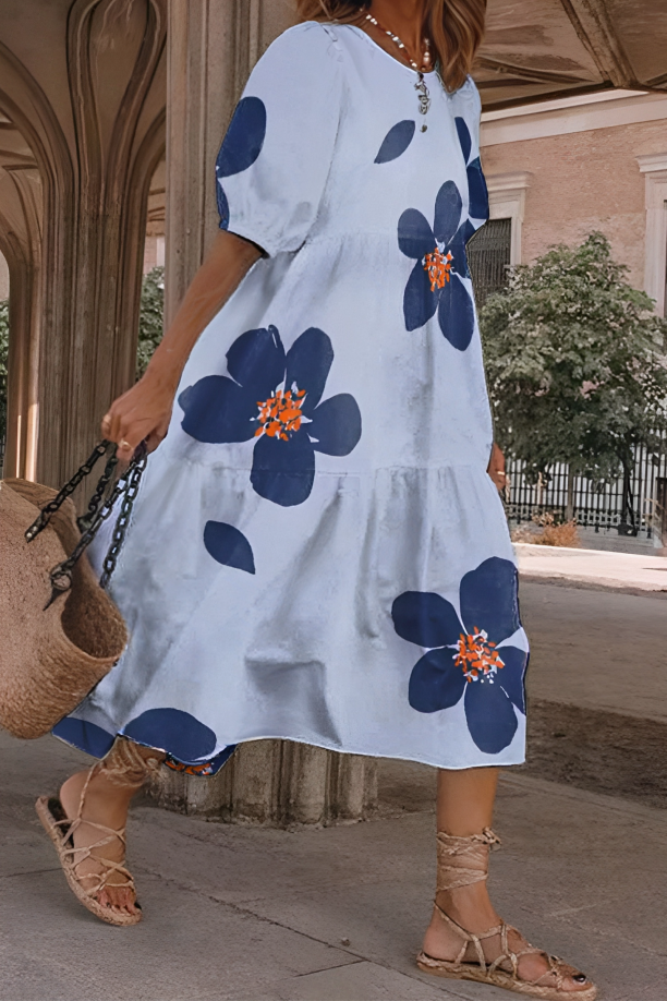 Round Neck Tropical Floral Short Sleeve Tiered A-Line Midi Dress 2