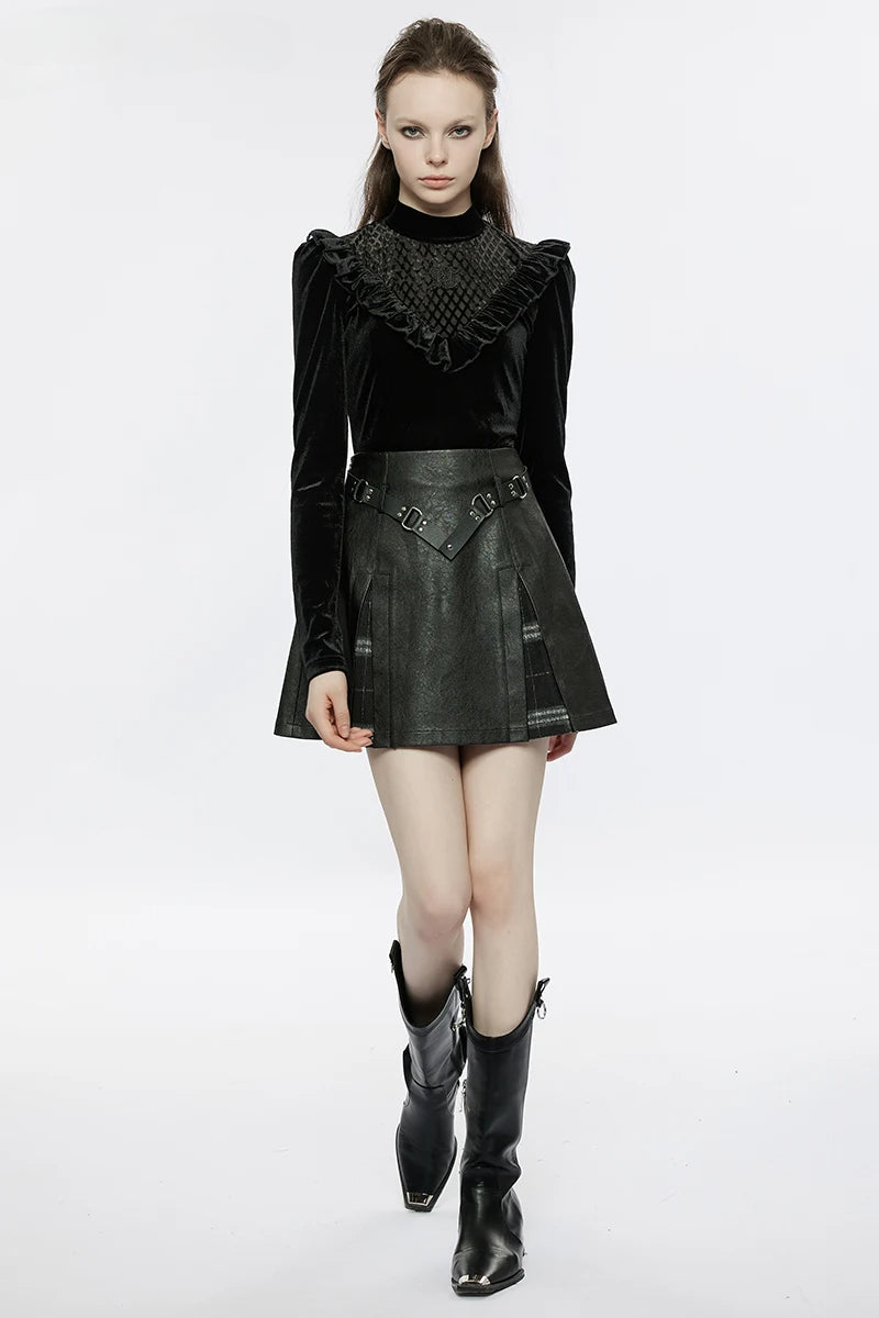 Women's Plaid Splicing Rivet Metal Buckle Belt Daily ALine Personality Faux Leather Mini Skirt