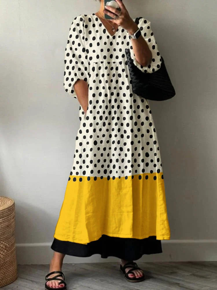 V-Neck Puff Sleeve Polka Dot Colorblock Tiered Maxi Dress