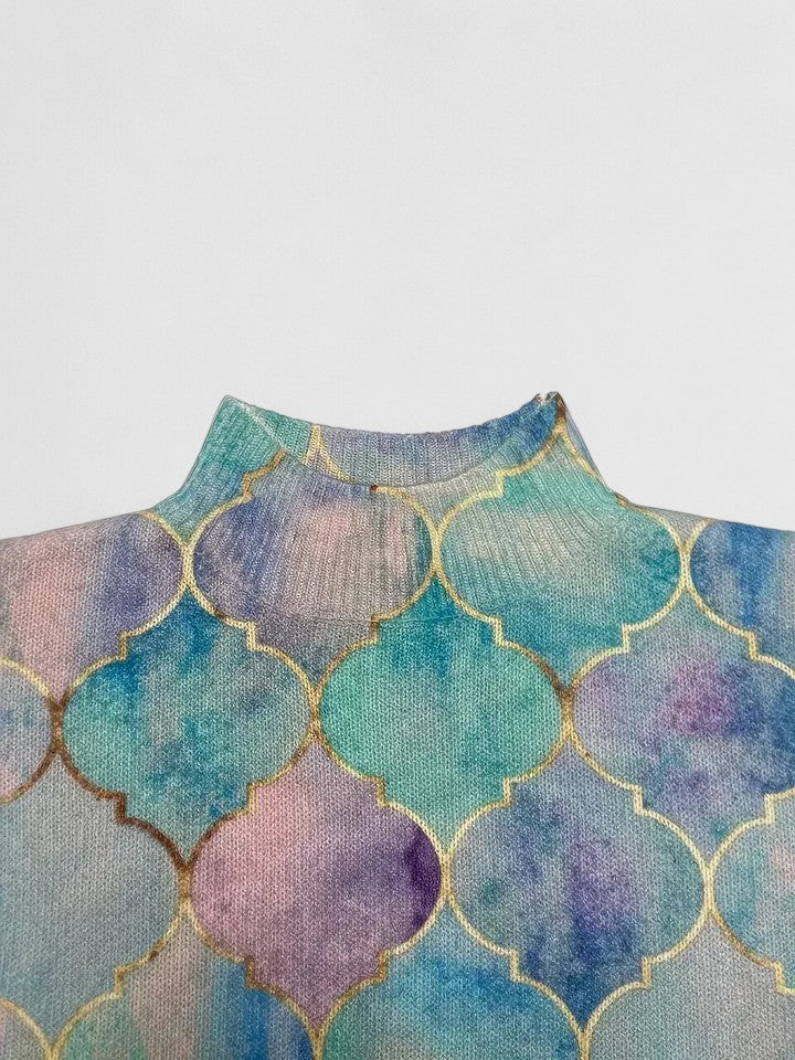 Multi Colored Turtleneck Moroccan Tile Print Long Sleeve Knit Sweater