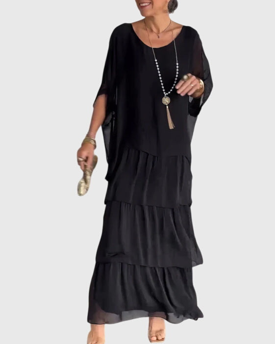 Round Neck Chiffon Batwing Sleeve Layered Tiered Flowy Maxi Dress