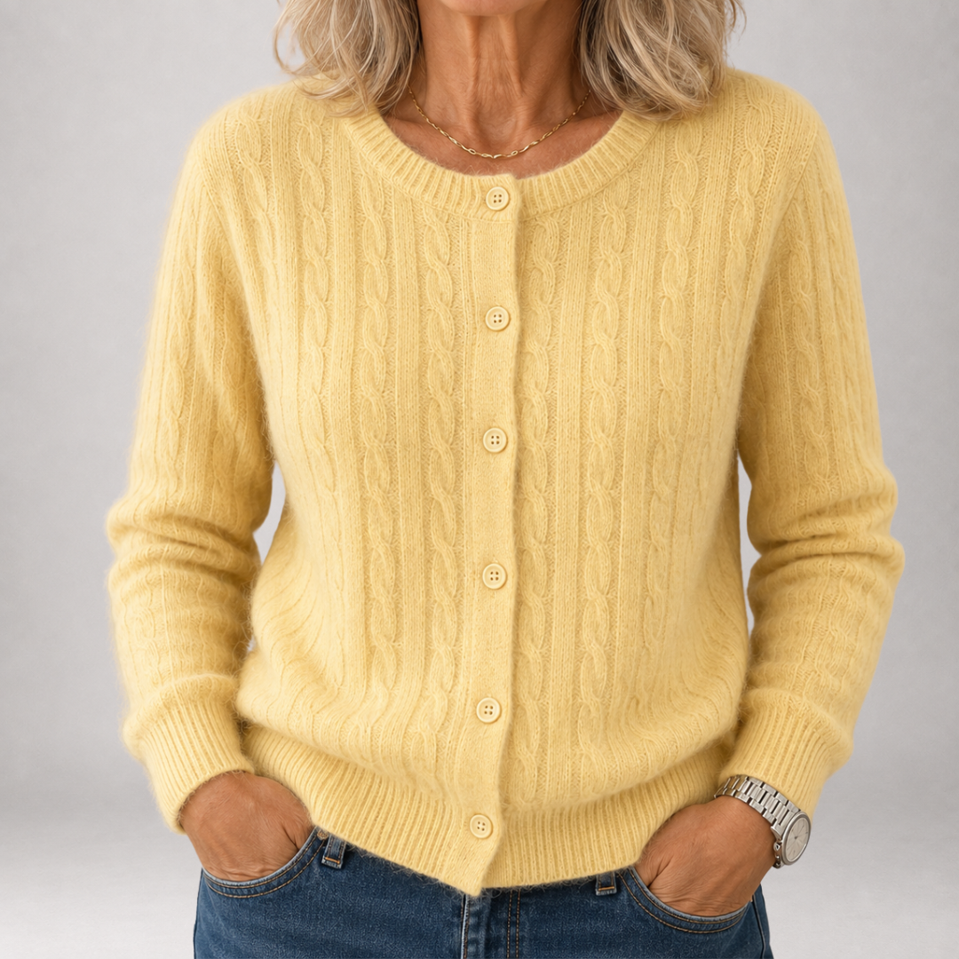 Butter Yellow Round Neck Cable Knit Button Front Cardigan