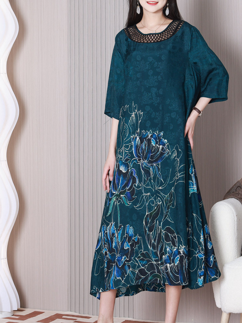 Cutout Round Neck Half Sleeve Floral Print Loose Midi Dress