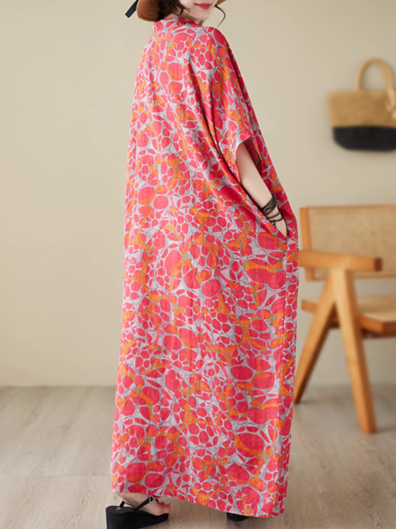 V-Neck Pebble Print Batwing Sleeve Loose Kaftan Maxi Dress 5