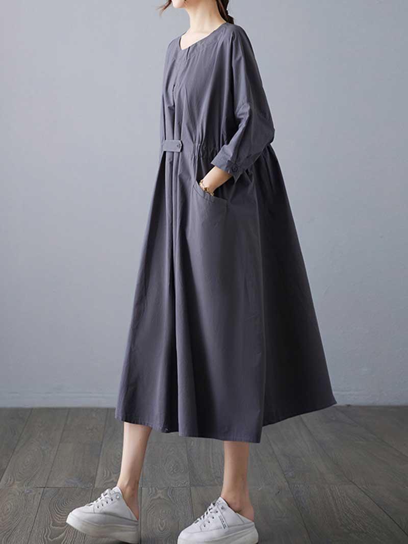 Round Neck Half Sleeve Cinched Waist Pocket Cotton Midi Dress