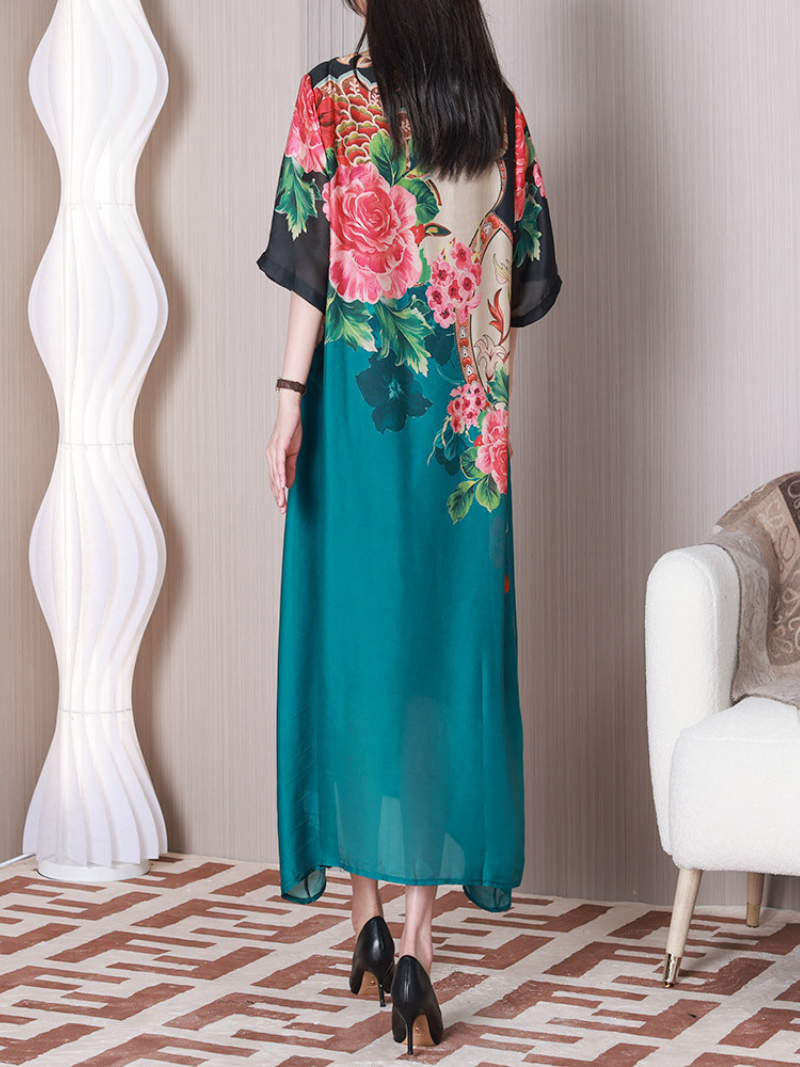 Round Neck Half Sleeve Floral Print Chiffon Maxi Dress 3