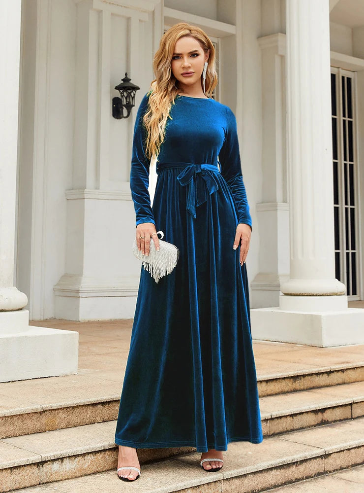 Velvet Long Sleeve Dress - Solid Color M / Dark Blue
