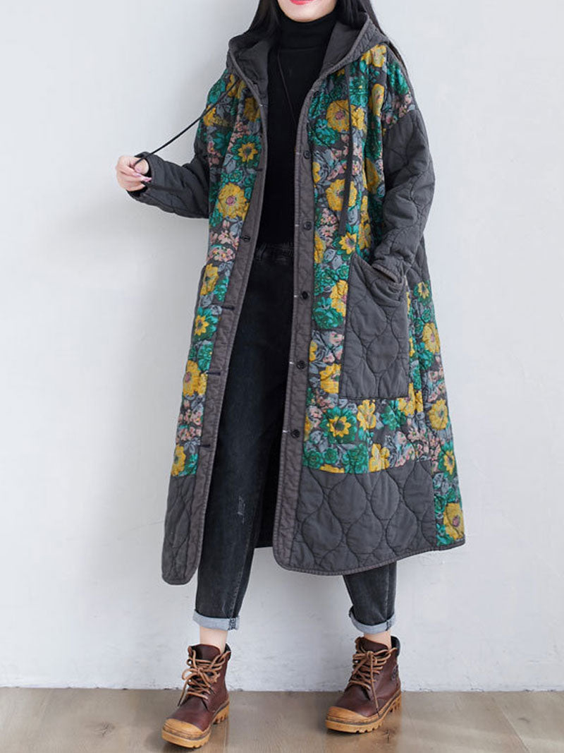 Hooded Floral Patchwork Quilted Longline Coat 10