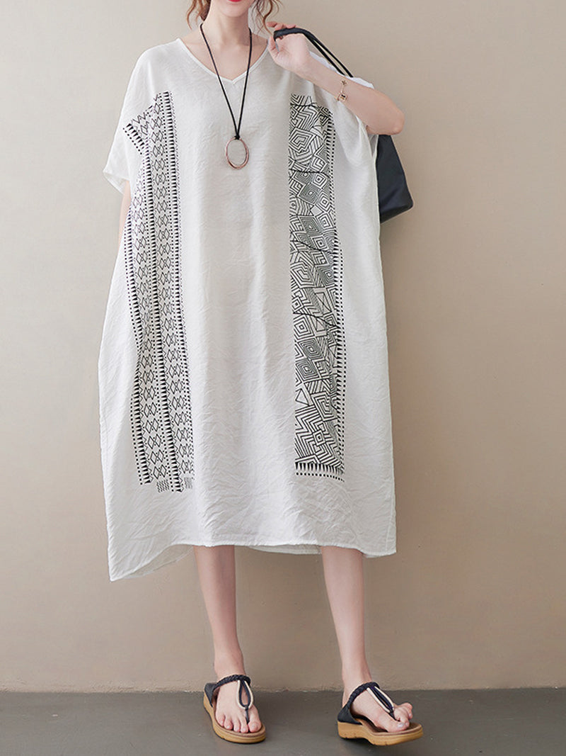 V-Neck Batwing Sleeve Geometric Print Loose Oversized Midi Dress 7