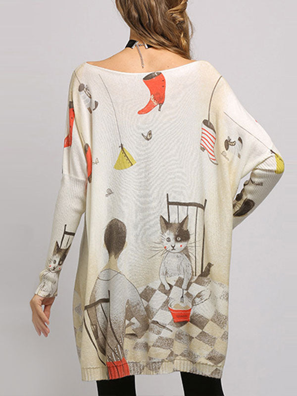 Boat Neck Cat Print Long Sleeve Knit Sweater Tunic