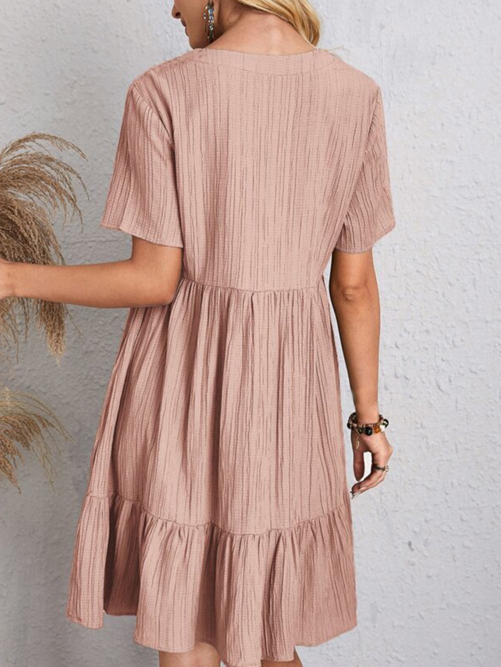 V-Neck Textured Short Sleeve Tiered Ruffle Hem Swing Mini Dress