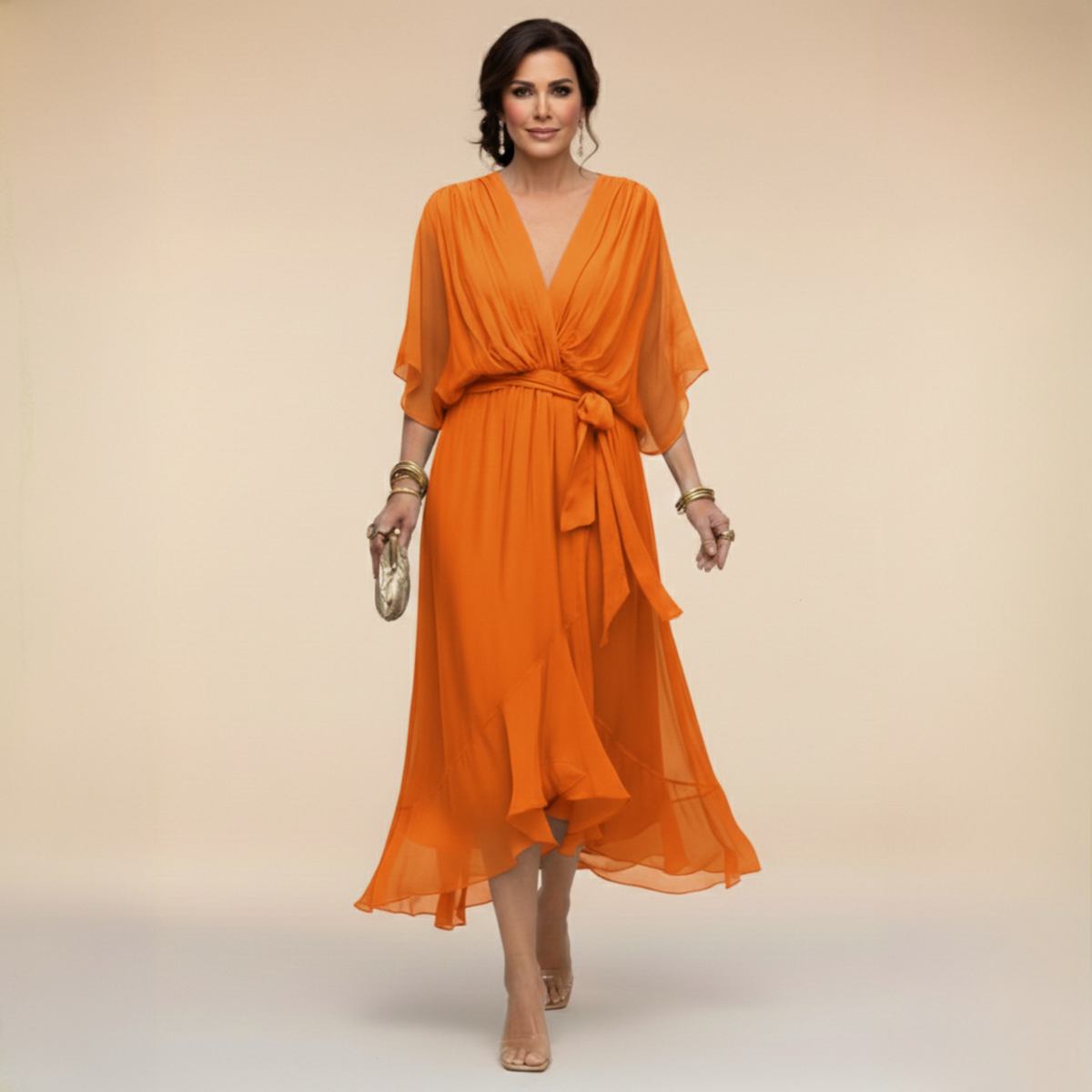 V-Neck Wrap Chiffon Dolman Sleeve Belted Ruffle Hem Midi Dress 10