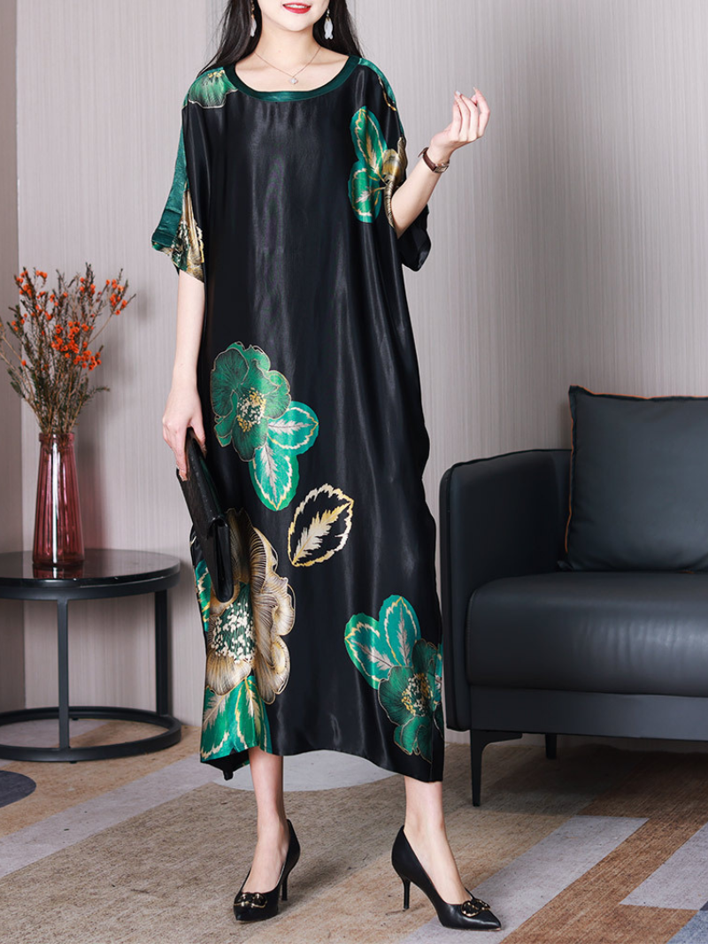 Green Round Neck Satin Floral Print Short Sleeve Loose Maxi Dress