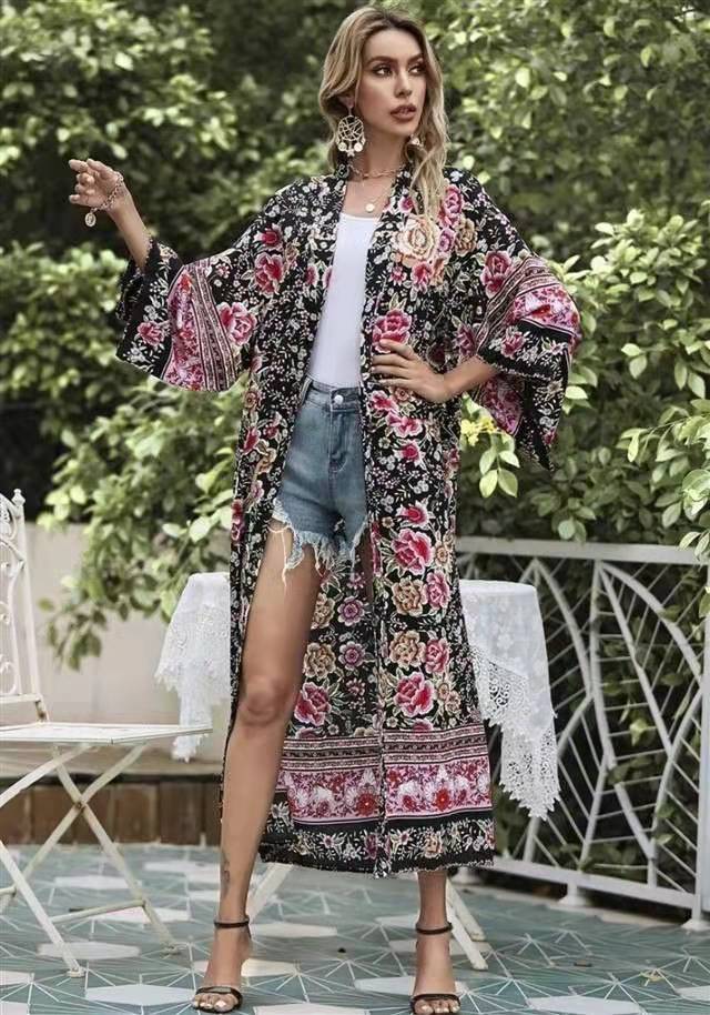 Black Allover Floral Print Border Trim Tie Waist Wide Sleeve Long Kimono