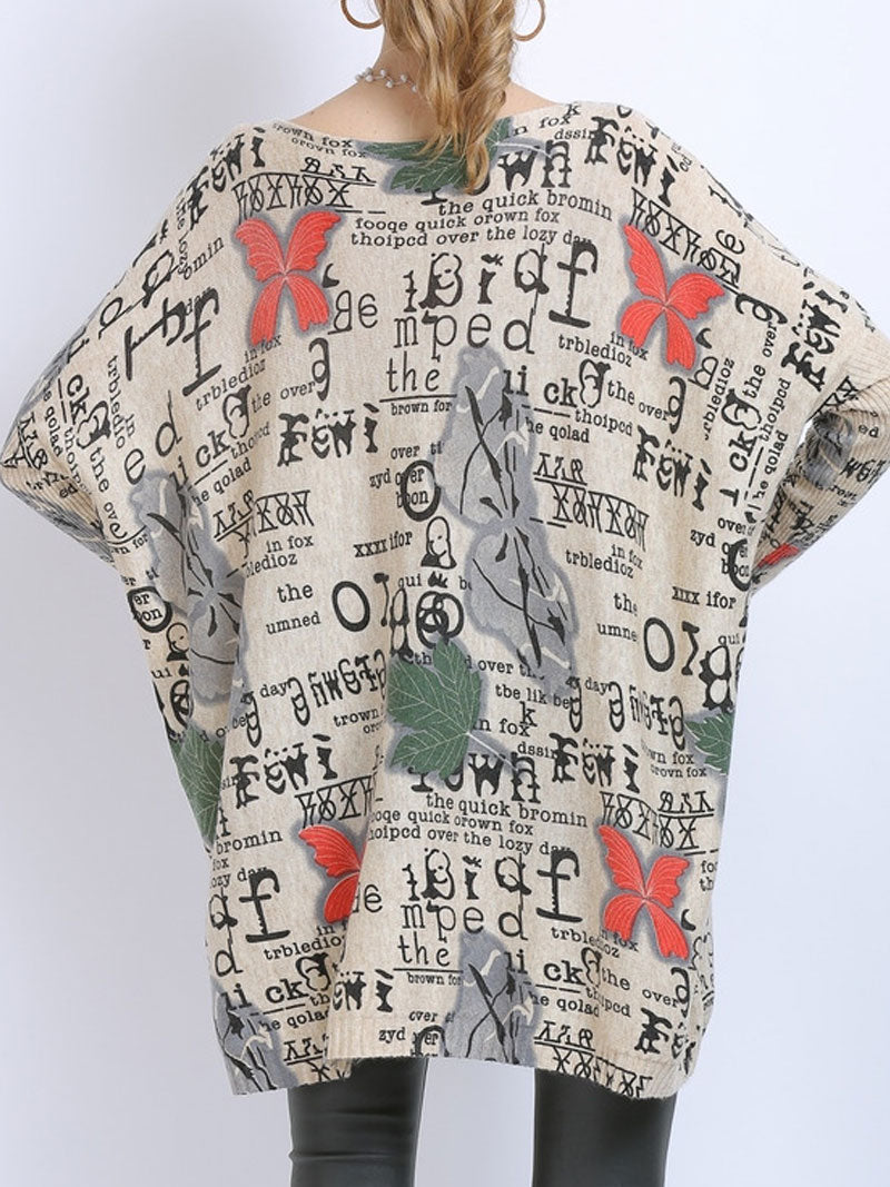 Boat Neck Butterfly Letter Print Long Sleeve Knit Tunic Top 5