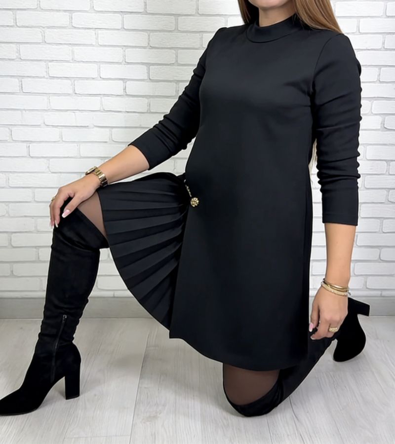 Mock Neck Long Sleeve Pleated Detail A-Line Mini Dress 11