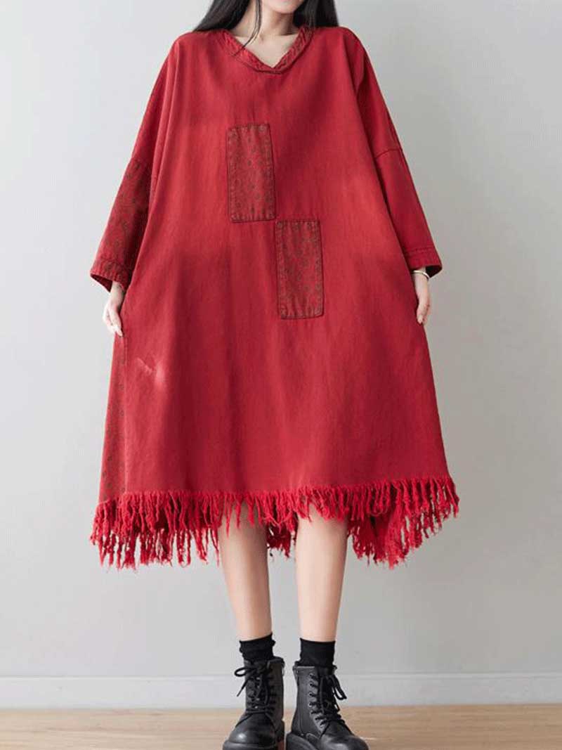 V-Neck Patch Pocket Denim Long Sleeve Frayed Tassel Hem Midi Dress
