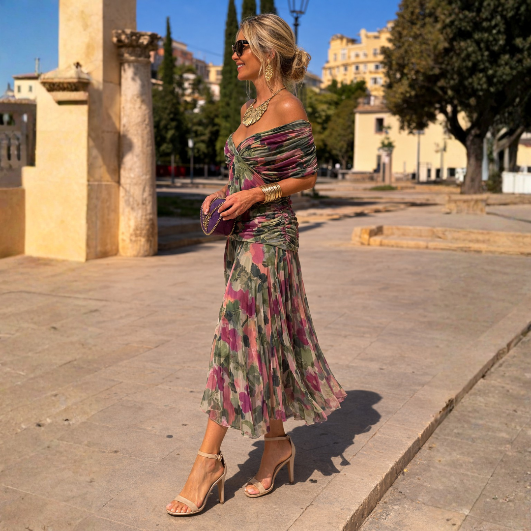 V-Neck Draped Sleeve Chiffon Ruched Waist A-Line Gown 6