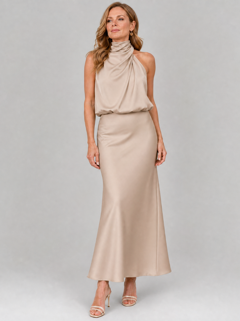 Halter Neck Twist Front Blouson Satin Column Maxi Dress 12