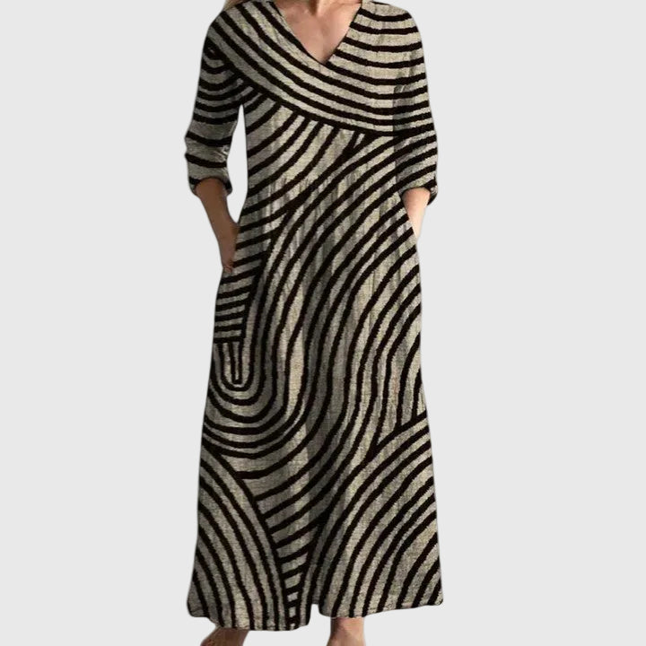 Gold Black V-Neck Abstract Swirl Stripe Print Pocket Loose Maxi Dress