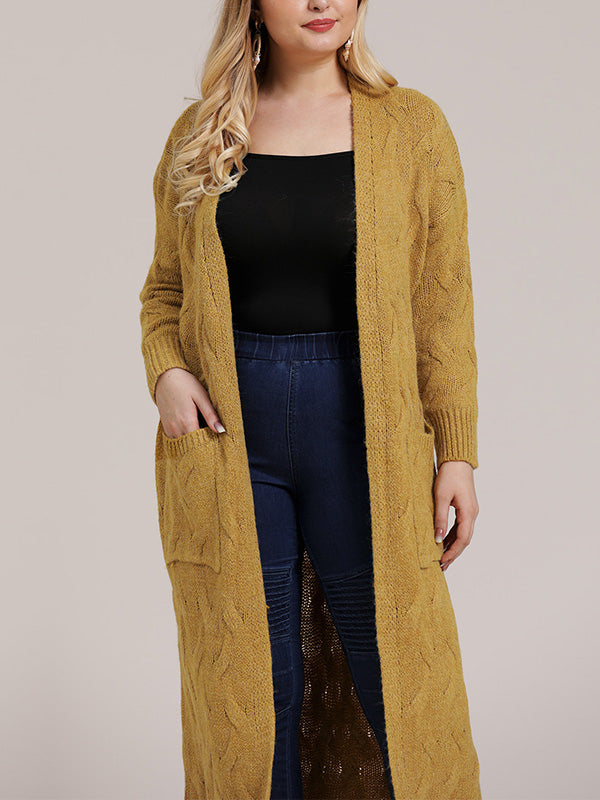 Open Front Cable Knit Pocket Longline Cardigan
