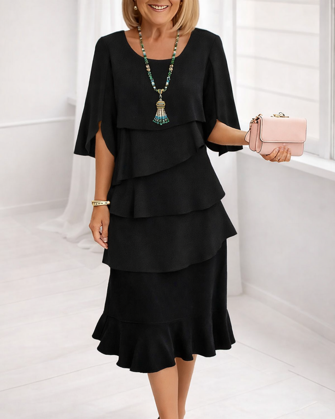 Round Neck Flutter Sleeve Tiered Ruffle Layered Midi Dress 6