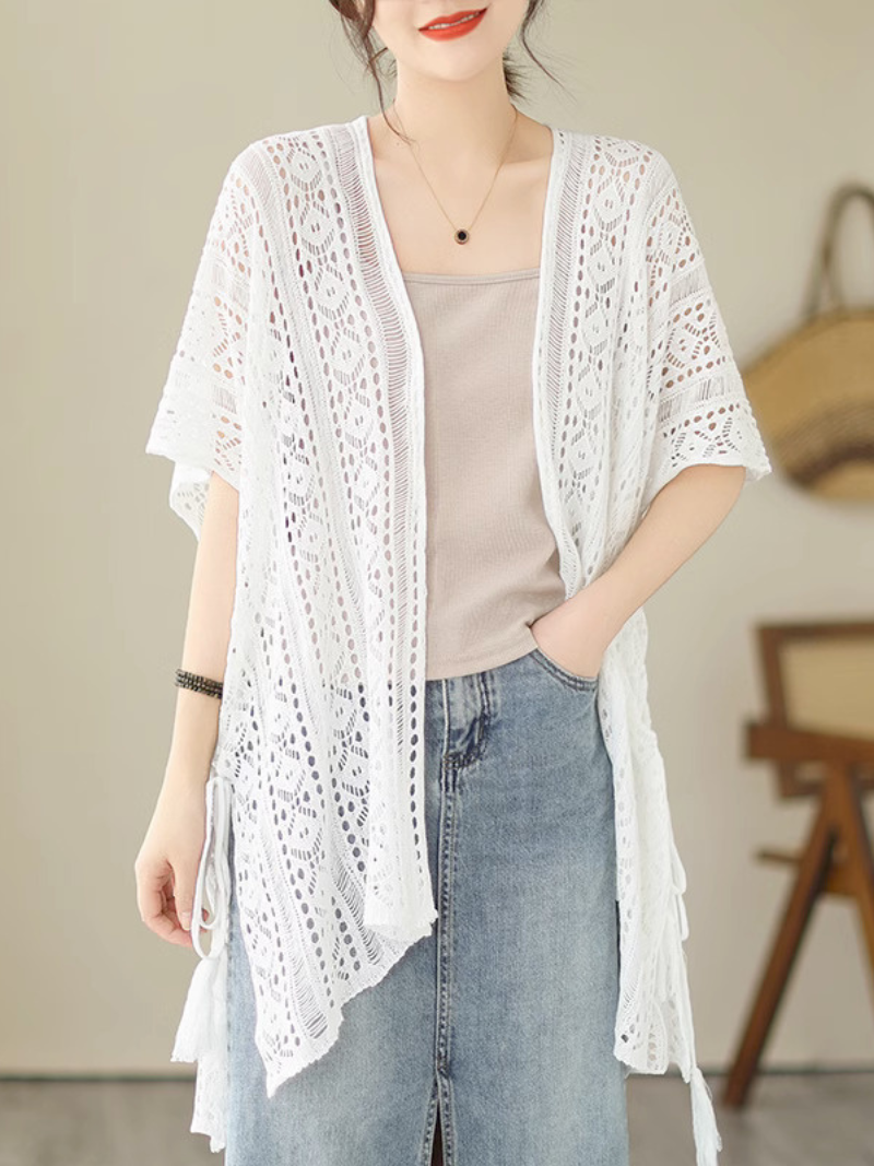 Open Front Short Sleeve Crochet Knit Tassel Tie Cardigan