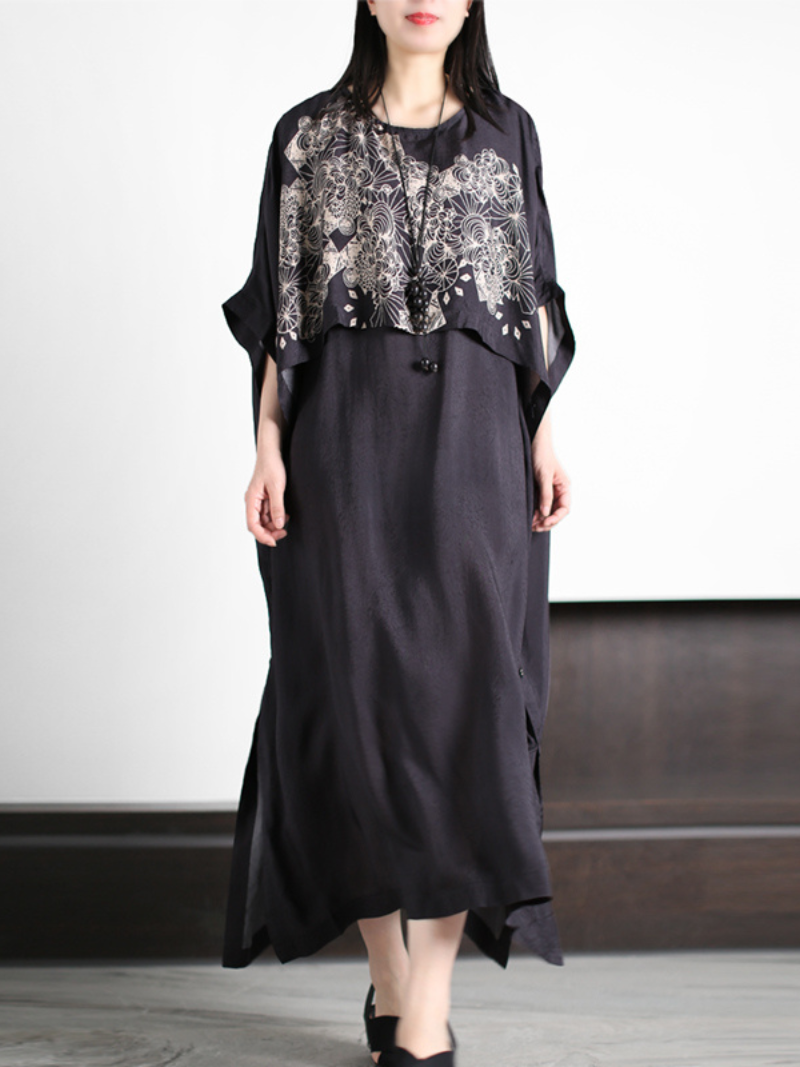 Black Round Neck Floral Print Layered Cape Loose A-Line Maxi Dress